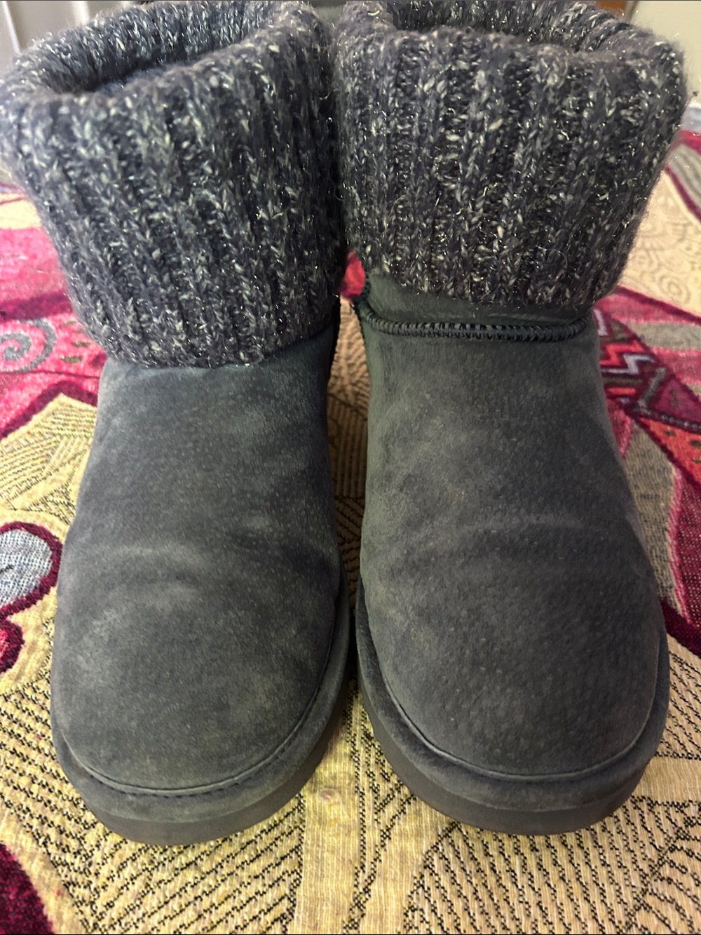 Lamo Blue Suede Knit-Cuff Ankle Boots